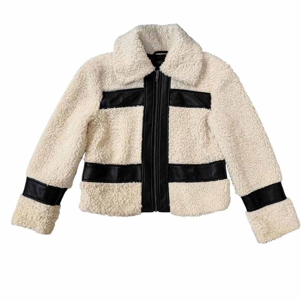 1 State cream faux fur jacket with black leather straps